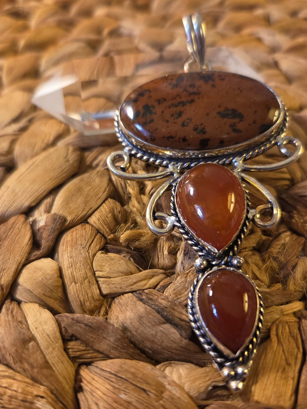 Sterling Silver Carnelian and Jasper Pendant - Hand crafted - One of a kind